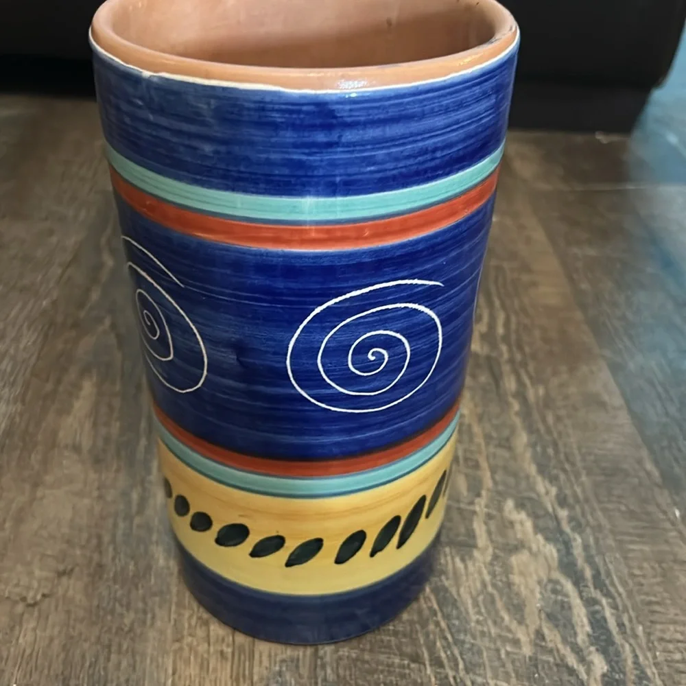Pier 1 Italian Swirl Hand Painted Terracotta Utensil Holder / Wine‎ Chiller